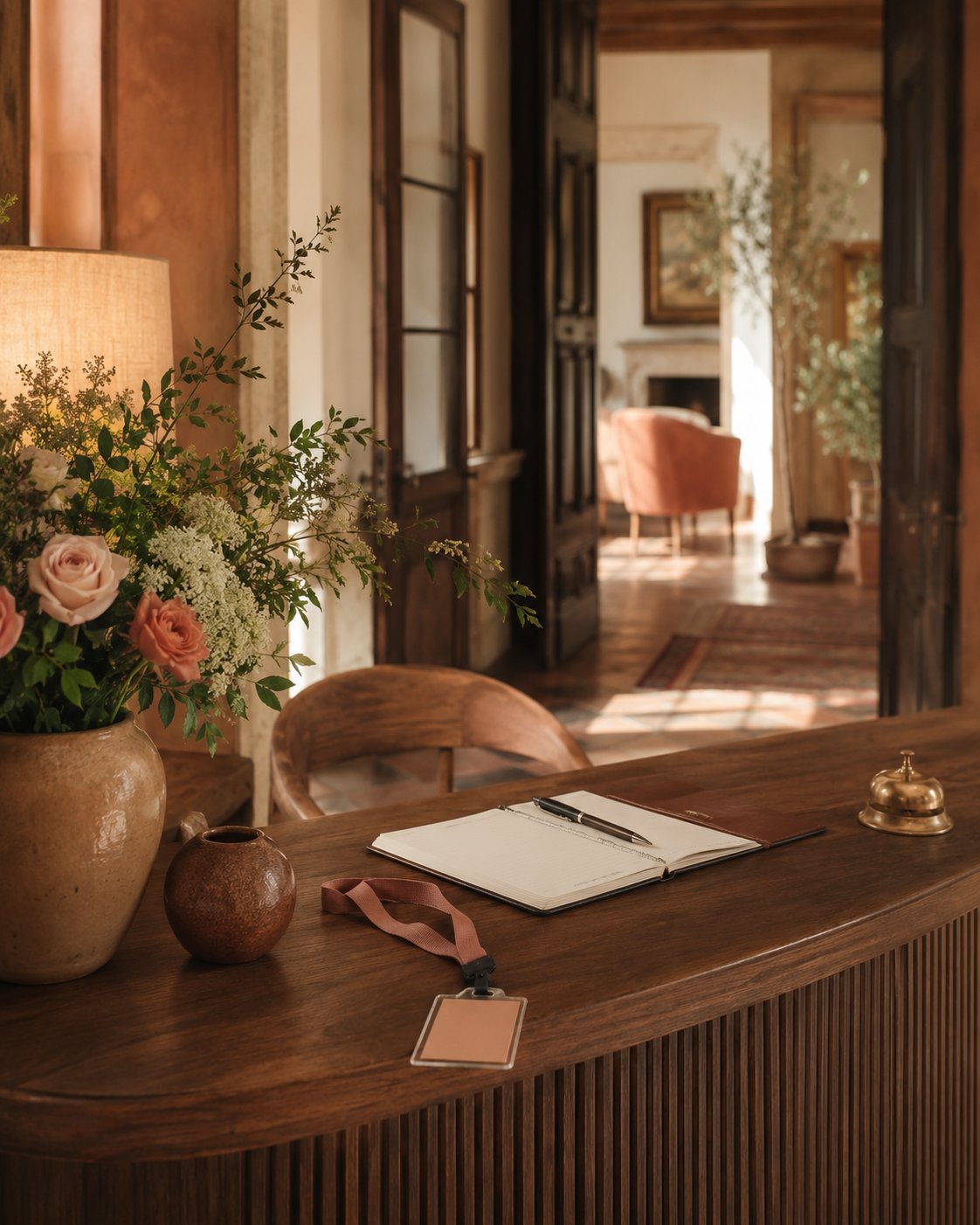 A warm wooden reception desk with fresh flowers, a visitor ledger, lanyard and bell, opening onto a welcoming Guildford interior
