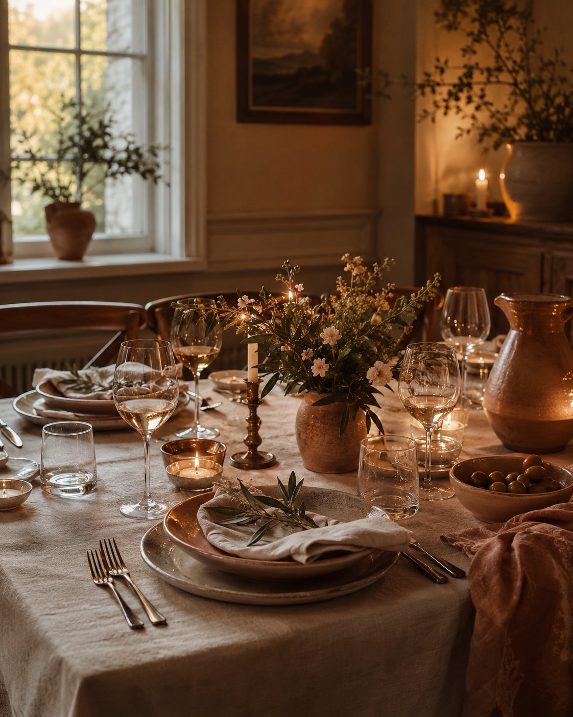 A candlelit dinner table set with linen, wine glasses and flowers in a warm Surrey Hills dining room, ready for guests
