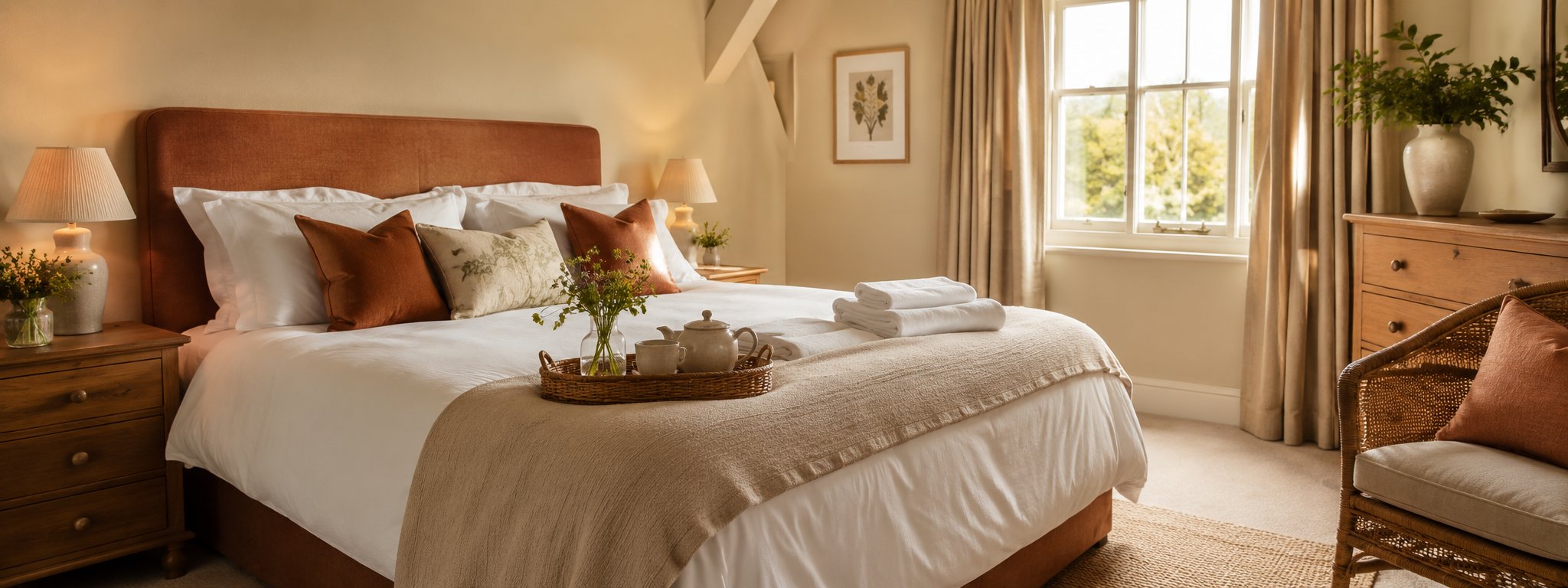A styled, guest-ready country bedroom with crisp white linen, a welcome tray of tea and fresh flowers, and warm morning light