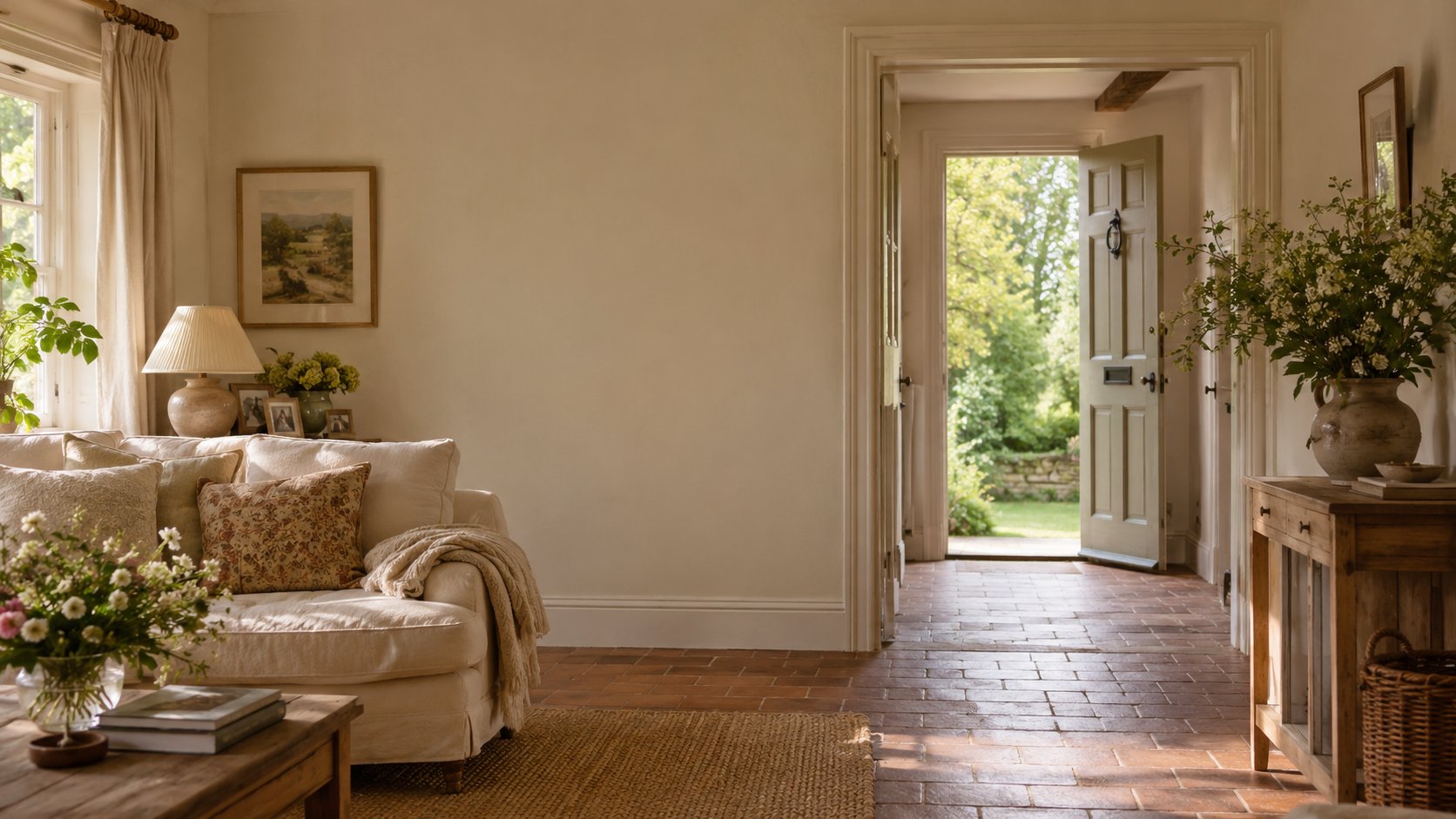 A warm, sunlit country-home sitting room and hallway with a linen sofa, terracotta-tiled floor, and a front door open to a green garden