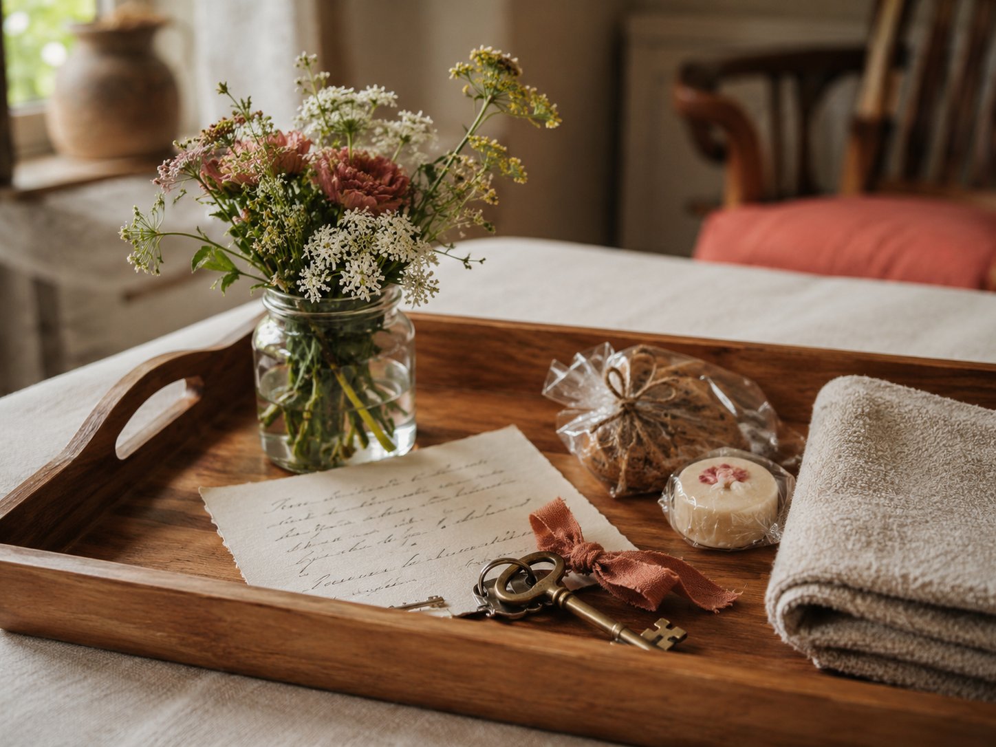A warm guest-welcome tray: fresh garden flowers, a handwritten note, keys on a ribbon, local treats, and a folded towel