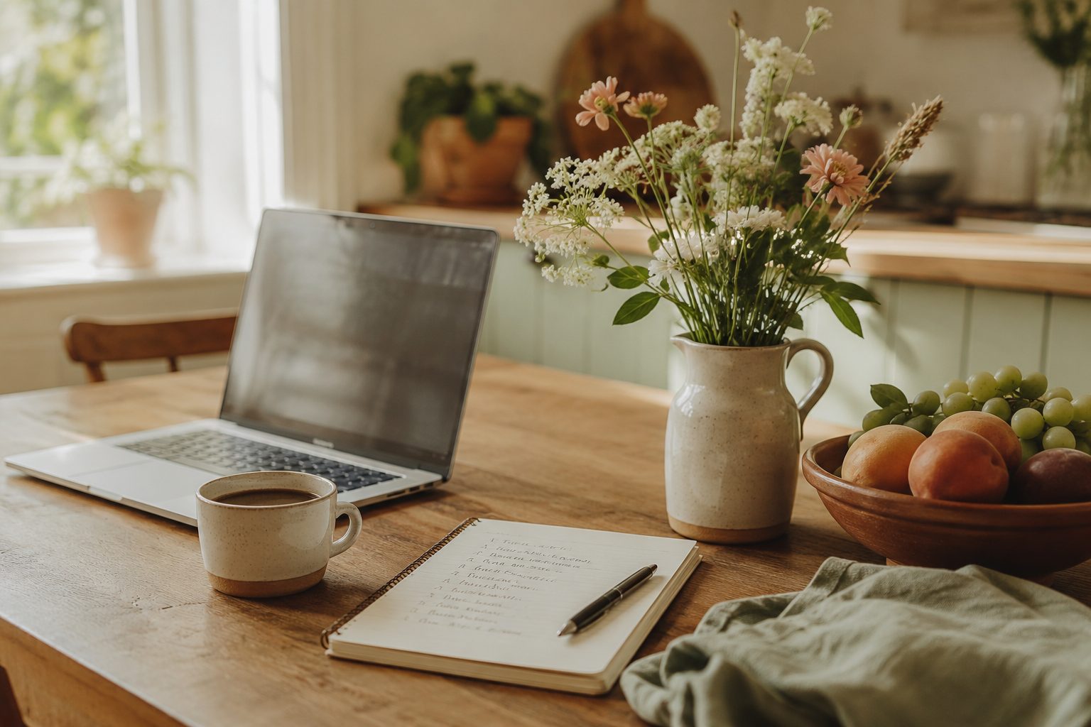 A sunlit kitchen table with a laptop, a cup of coffee, a notebook and pen, wildflowers, and a bowl of fruit