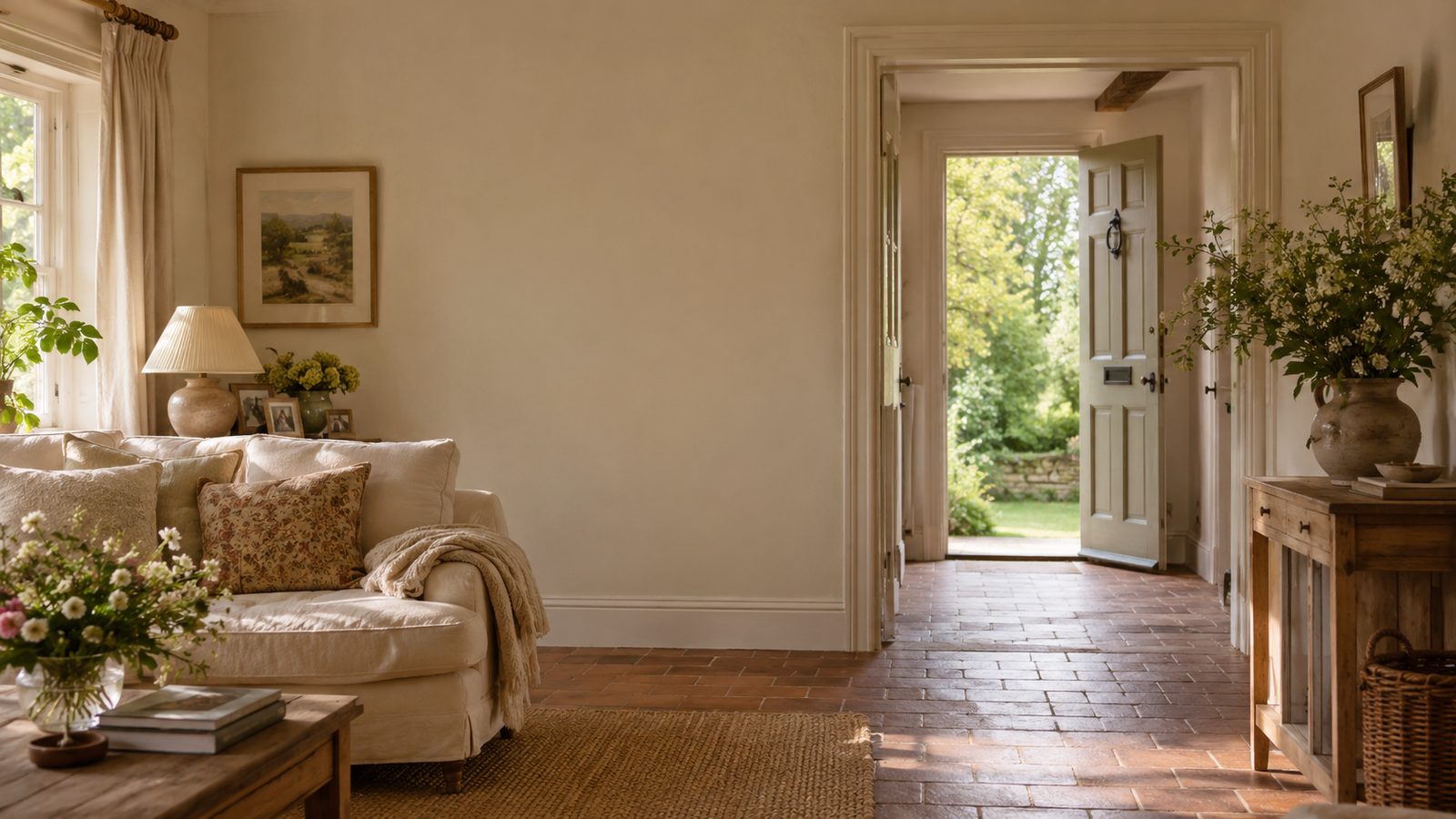 A warm, welcoming English home ready for guests: an open front door to the garden, fresh flowers, and soft light