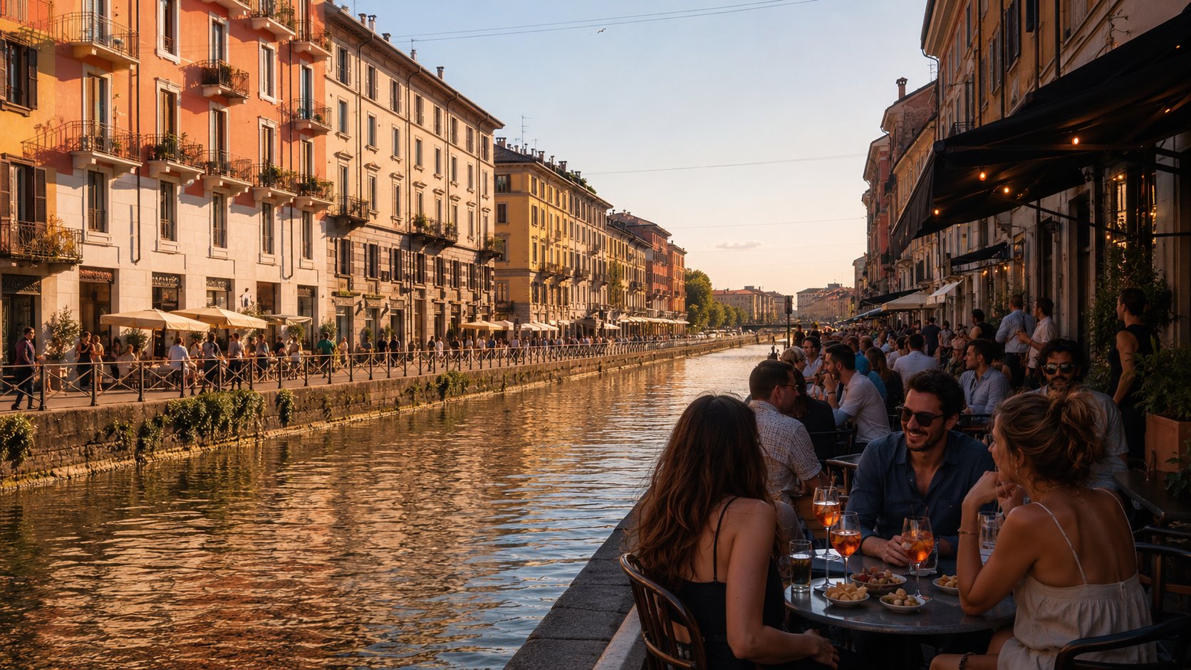 Aperitivo along the Naviglio Grande in Milan at dusk