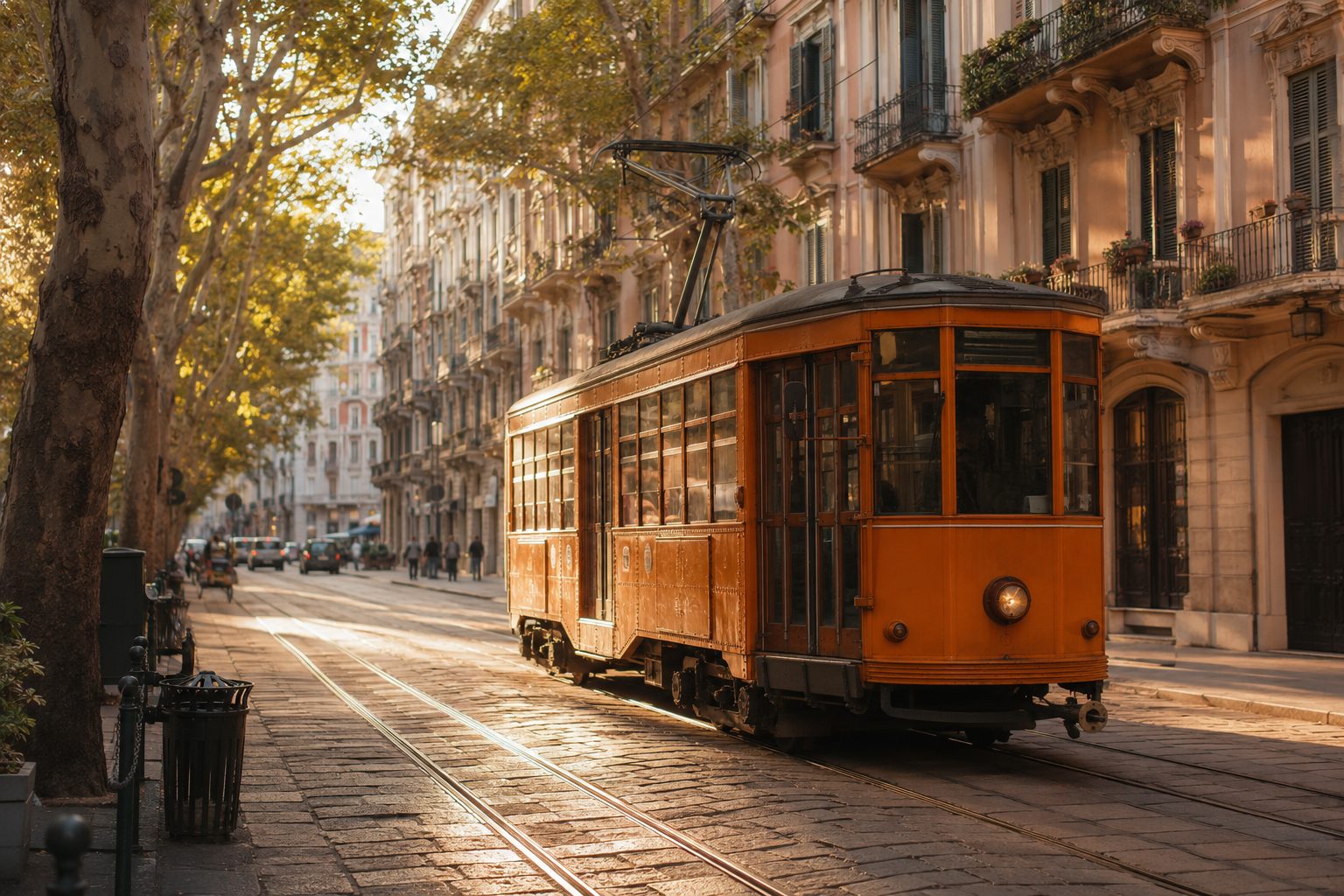 A classic vintage orange tram on a leafy central Milan street in golden afternoon light