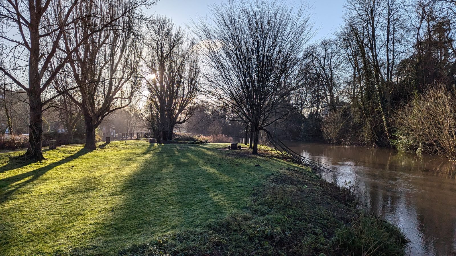 The River Wey at Millmead Lock in Guildford on a bright winter morning