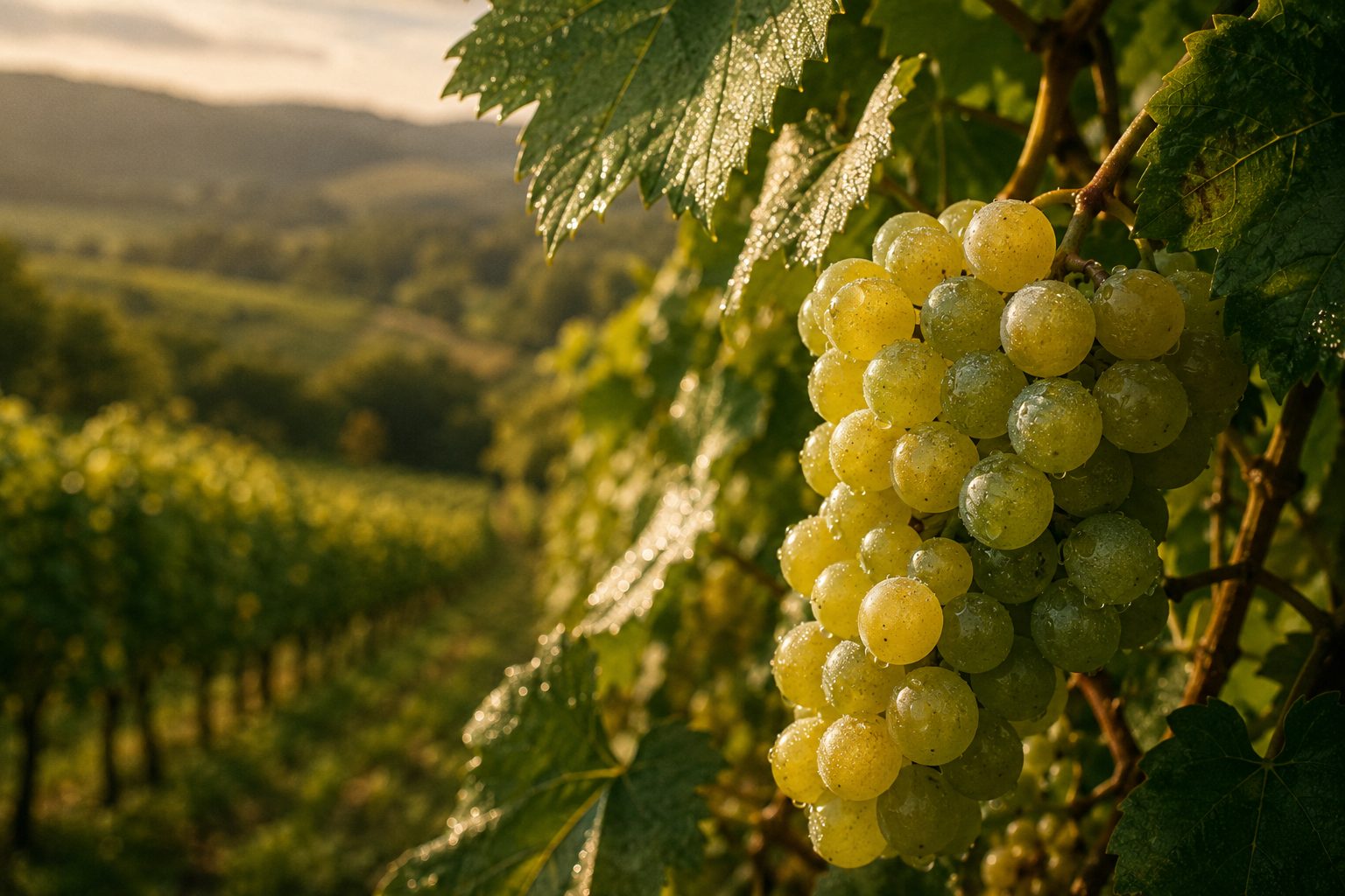 Ripe pale grapes on the vine with the rows and the Surrey Hills soft in the background
